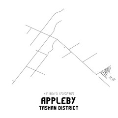 Appleby, Tasman District, New Zealand. Minimalistic road map with black and white lines