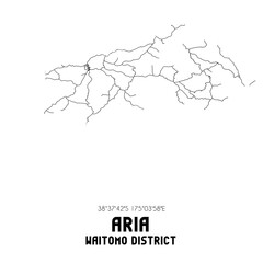 Aria, Waitomo District, New Zealand. Minimalistic road map with black and white lines