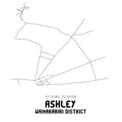 Ashley, Waimakariri District, New Zealand. Minimalistic road map with black and white lines