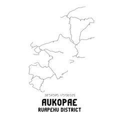 Aukopae, Ruapehu District, New Zealand. Minimalistic road map with black and white lines