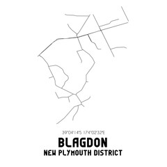 Blagdon, New Plymouth District, New Zealand. Minimalistic road map with black and white lines