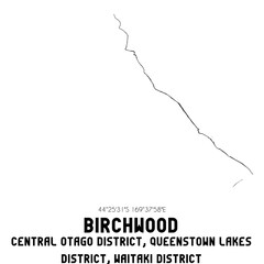 Birchwood, Central Otago District, Queenstown-Lakes District, Waitaki District, New Zealand. Minimalistic road map with black and white lines
