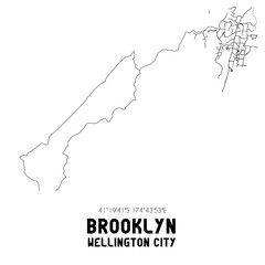 Brooklyn, Wellington City, New Zealand. Minimalistic road map with black and white lines
