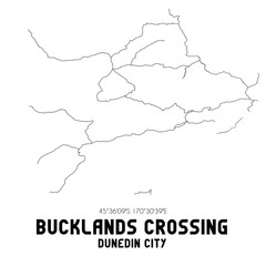 Bucklands Crossing, Dunedin City, New Zealand. Minimalistic road map with black and white lines