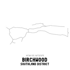 Birchwood, Southland District, New Zealand. Minimalistic road map with black and white lines