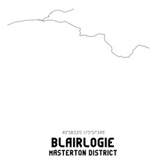 Blairlogie, Masterton District, New Zealand. Minimalistic road map with black and white lines