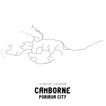 Camborne, Porirua City, New Zealand. Minimalistic road map with black and white lines