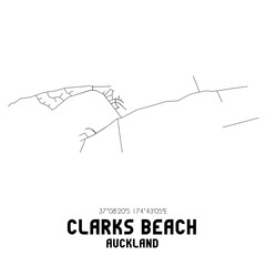 Clarks Beach, Auckland, New Zealand. Minimalistic road map with black and white lines