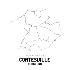 Coatesville, Auckland, New Zealand. Minimalistic road map with black and white lines