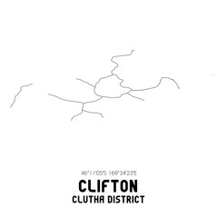 Clifton, Clutha District, New Zealand. Minimalistic road map with black and white lines