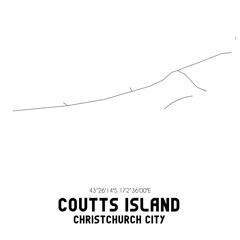 Coutts Island, Christchurch City, New Zealand. Minimalistic road map with black and white lines