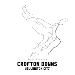 Crofton Downs, Wellington City, New Zealand. Minimalistic road map with black and white lines