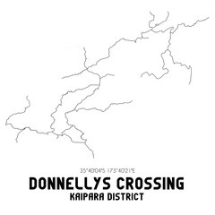 Donnellys Crossing, Kaipara District, New Zealand. Minimalistic road map with black and white lines