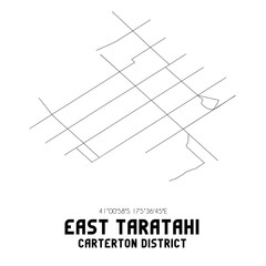 East Taratahi, Carterton District, New Zealand. Minimalistic road map with black and white lines