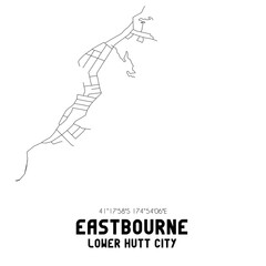 Eastbourne, Lower Hutt City, New Zealand. Minimalistic road map with black and white lines
