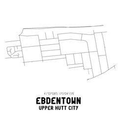 Ebdentown, Upper Hutt City, New Zealand. Minimalistic road map with black and white lines