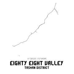 Eighty Eight Valley, Tasman District, New Zealand. Minimalistic road map with black and white lines