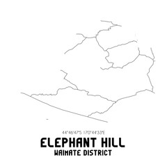 Elephant Hill, Waimate District, New Zealand. Minimalistic road map with black and white lines