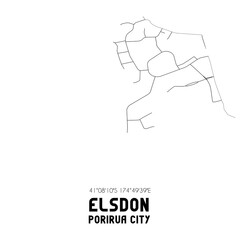 Elsdon, Porirua City, New Zealand. Minimalistic road map with black and white lines