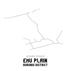 Emu Plain, Hurunui District, New Zealand. Minimalistic road map with black and white lines