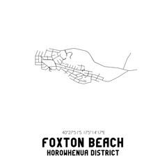 Foxton Beach, Horowhenua District, New Zealand. Minimalistic road map with black and white lines