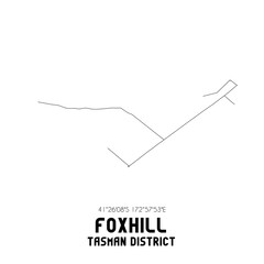 Foxhill, Tasman District, New Zealand. Minimalistic road map with black and white lines