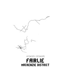 Fairlie, Mackenzie District, New Zealand. Minimalistic road map with black and white lines