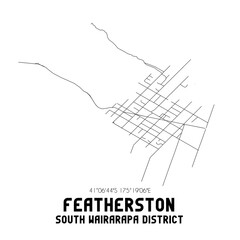 Featherston, South Wairarapa District, New Zealand. Minimalistic road map with black and white lines