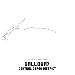 Galloway, Central Otago District, New Zealand. Minimalistic road map with black and white lines