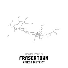 Frasertown, Wairoa District, New Zealand. Minimalistic road map with black and white lines