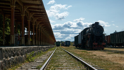 Retro locomotive trains and inoperative station in Railway and Communications Museum in Haapsalu.