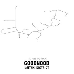 Goodwood, Waitaki District, New Zealand. Minimalistic road map with black and white lines
