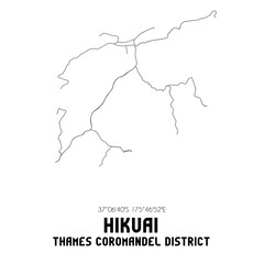 Hikuai, Thames-Coromandel District, New Zealand. Minimalistic road map with black and white lines