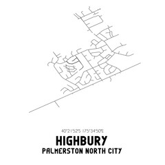 Highbury, Palmerston North City, New Zealand. Minimalistic road map with black and white lines