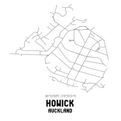 Howick, Auckland, New Zealand. Minimalistic road map with black and white lines
