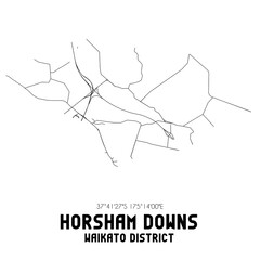 Horsham Downs, Waikato District, New Zealand. Minimalistic road map with black and white lines