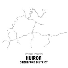 Huiroa, Stratford District, New Zealand. Minimalistic road map with black and white lines