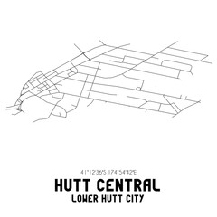 Hutt Central, Lower Hutt City, New Zealand. Minimalistic road map with black and white lines
