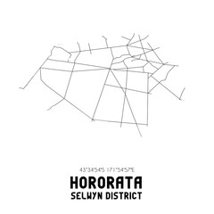 Hororata, Selwyn District, New Zealand. Minimalistic road map with black and white lines