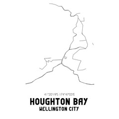Houghton Bay, Wellington City, New Zealand. Minimalistic road map with black and white lines