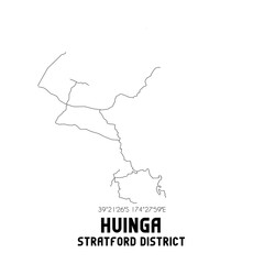 Huinga, Stratford District, New Zealand. Minimalistic road map with black and white lines