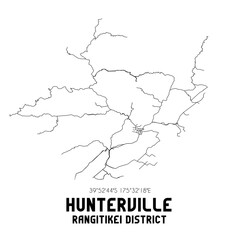 Hunterville, Rangitikei District, New Zealand. Minimalistic road map with black and white lines