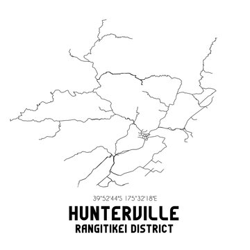 Hunterville, Rangitikei District, New Zealand. Minimalistic road map with black and white lines
