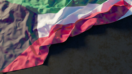 Flag of Kuwait with beautiful lighting and colors. Isolated with dark background and copy space. 