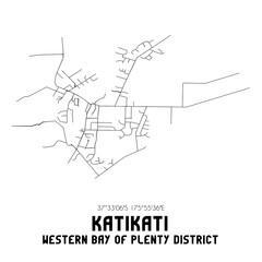 Katikati, Western Bay of Plenty District, New Zealand. Minimalistic road map with black and white lines