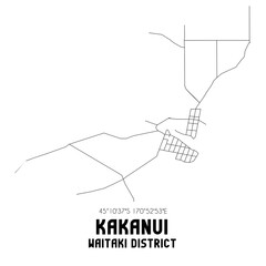 Kakanui, Waitaki District, New Zealand. Minimalistic road map with black and white lines