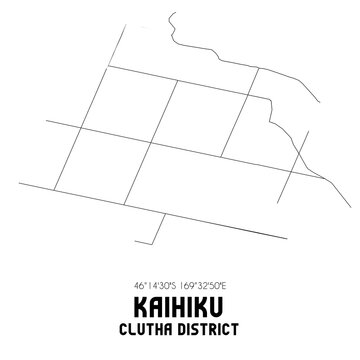 Kaihiku, Clutha District, New Zealand. Minimalistic road map with black and white lines