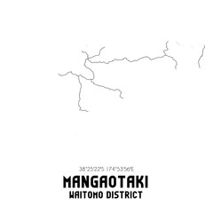 Mangaotaki, Waitomo District, New Zealand. Minimalistic road map with black and white lines
