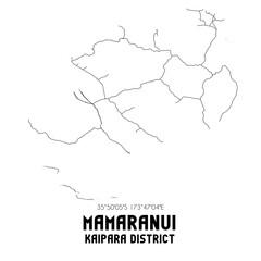 Mamaranui, Kaipara District, New Zealand. Minimalistic road map with black and white lines