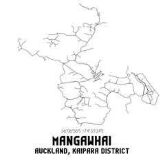 Mangawhai, Auckland, Kaipara District, New Zealand. Minimalistic road map with black and white lines